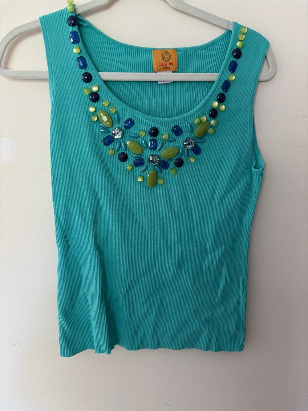 Ruby Rd. Turquoise Ribbed Tank with Beaded Neckline